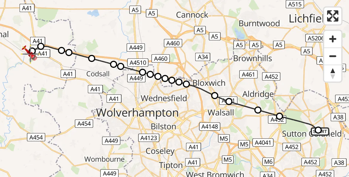 Flight route Air Ambulance Helicopter Good Hope Hospital - Cosford, 06 August 2026, 15:41