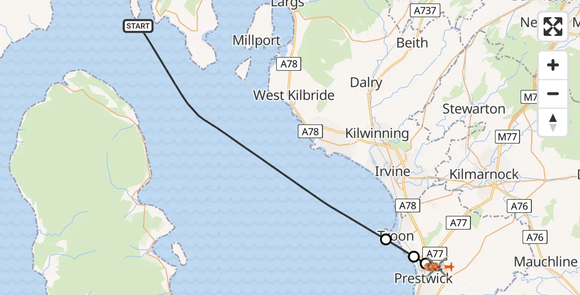 Flight route Coastguard Helicopter Inner Seas - Glasgow Prestwick Airport, 06 August 2026, 15:42