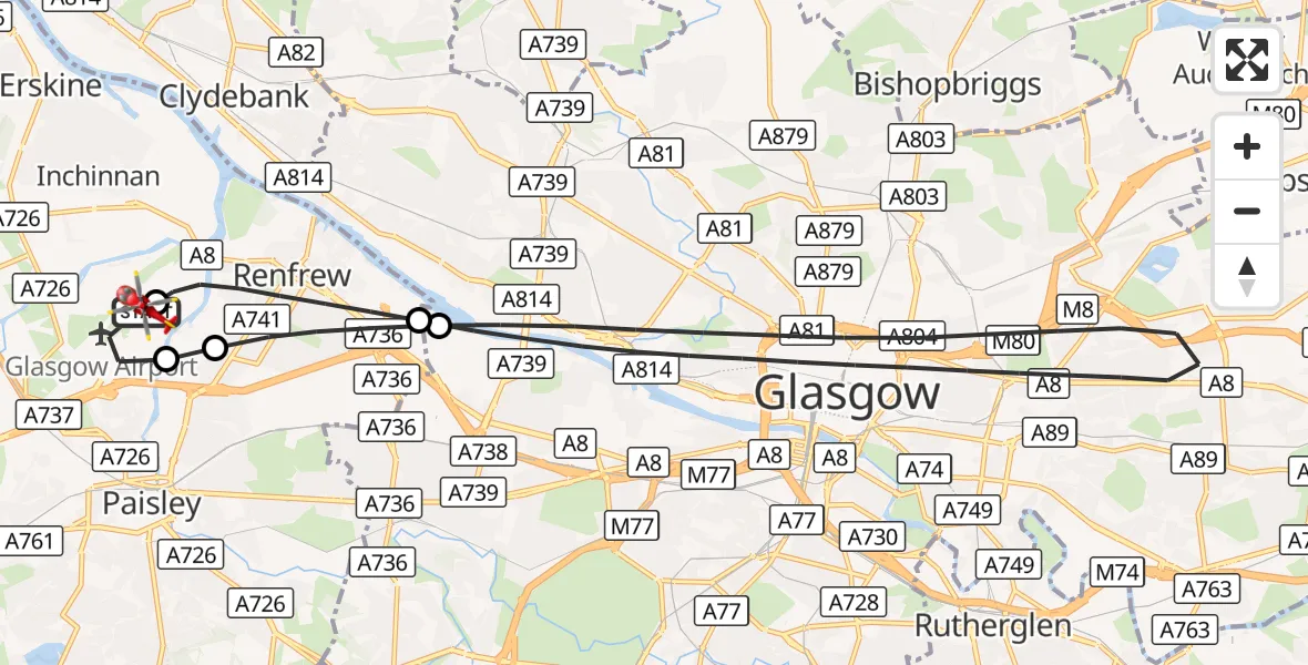 Flight route Air Ambulance Helicopter Glasgow Airport - Glasgow Airport, 06 August 2026, 15:53