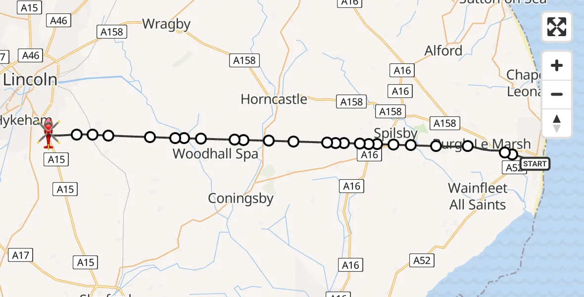 Flight route Air Ambulance Helicopter Skegness - North Kesteven, 06 August 2026, 16:05