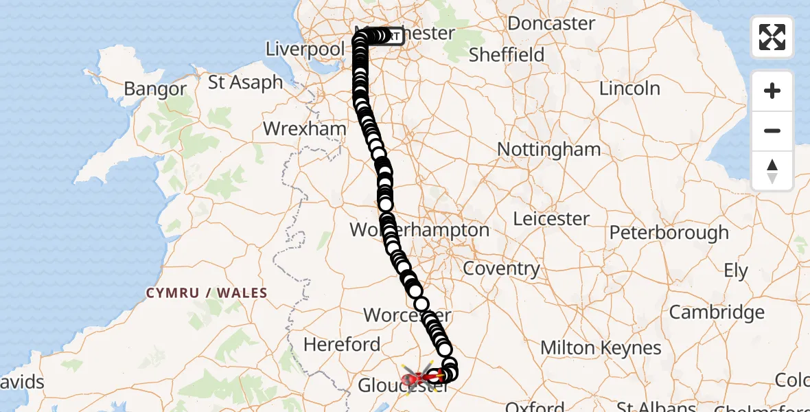 Flight route Air Ambulance Helicopter Manchester Barton Aerodrome - Cheltenham, 06 August 2026, 16:07