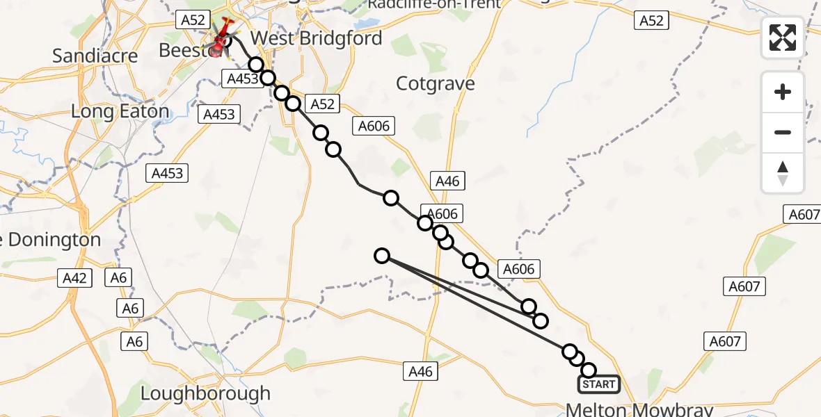 Flight route Air Ambulance Helicopter Asfordby Hill - Beeston, 06 August 2026, 16:07