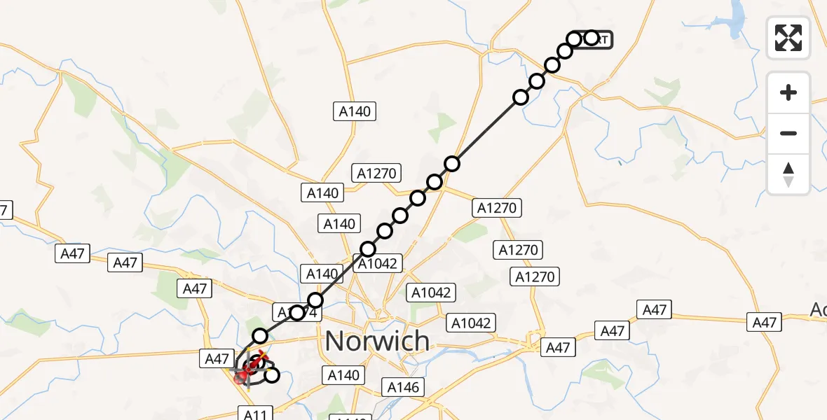 Flight route Air Ambulance Helicopter Hoveton - Norfolk & Norwich Hospital, 06 August 2026, 16:09