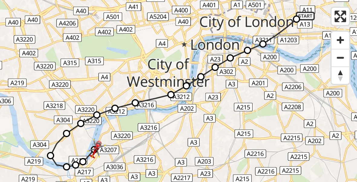 Flight route Air Ambulance Helicopter Royal London Hospital - London Heliport, 06 August 2026, 16:20