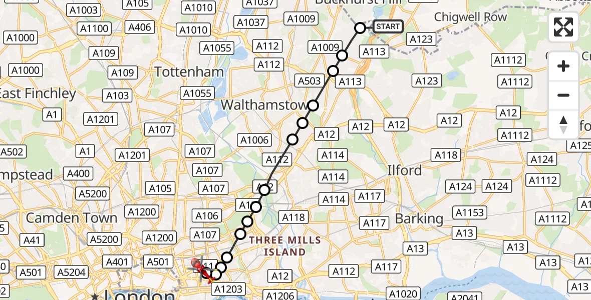 Flight route Air Ambulance Helicopter Chigwell - Royal London Hospital, 06 August 2026, 16:24