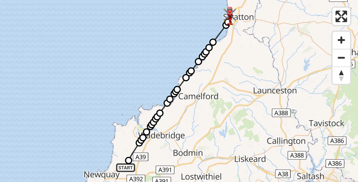 Flight route Air Ambulance Helicopter Cornwall Airport Newquay - Bude, 06 August 2026, 16:25