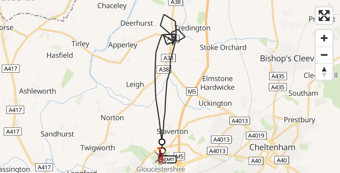Flight route Air Ambulance Helicopter Gloucestershire Airport - Gloucestershire Airport, 06 August 2026, 16:34