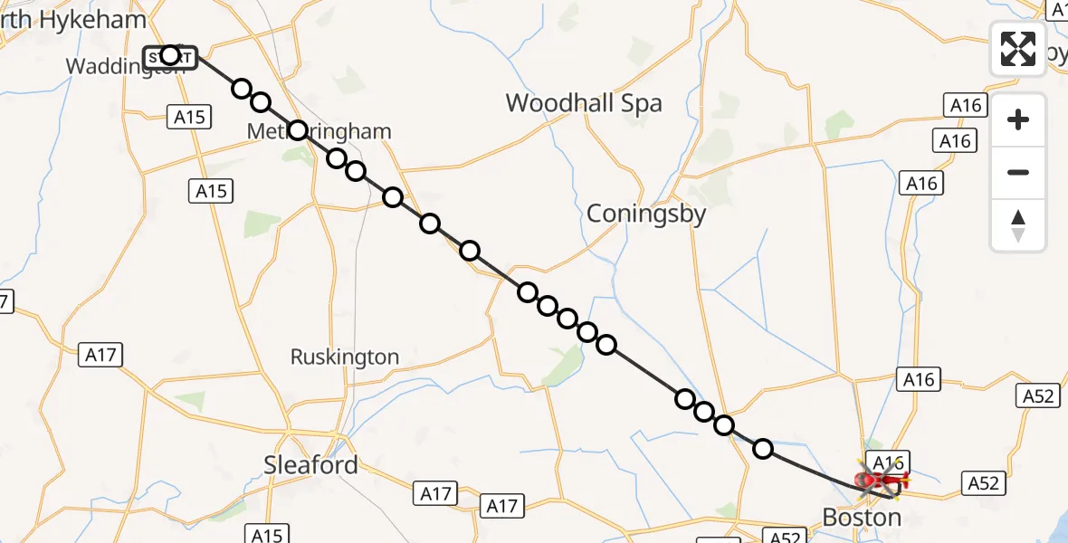 Flight route Air Ambulance Helicopter RAF Waddington - Boston, 06 August 2026, 16:40