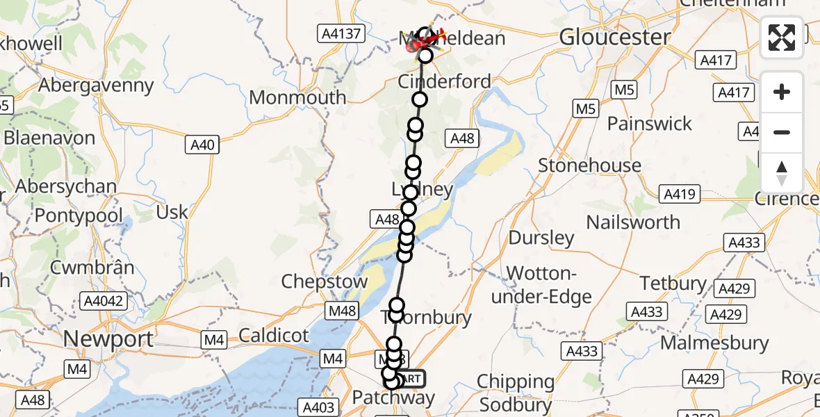 Flight route Air Ambulance Helicopter Almondsbury Helicopter Base - Drybrook, 06 August 2026, 16:46