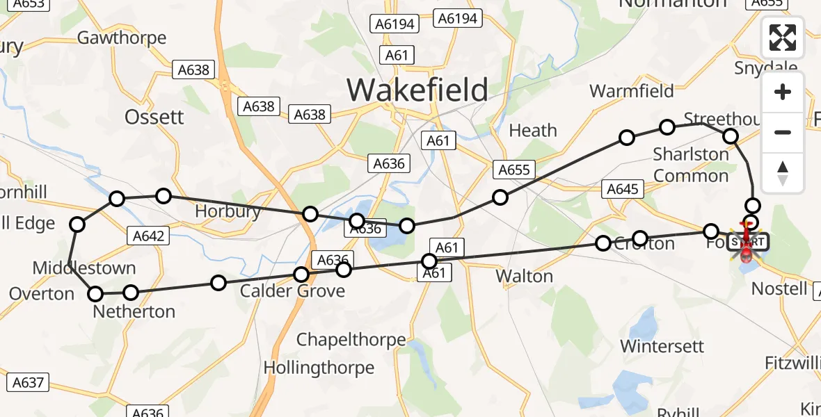 Flight route Air Ambulance Helicopter YAA Nostell Helicopter Port - YAA Nostell Helicopter Port, 06 August 2026, 16:53