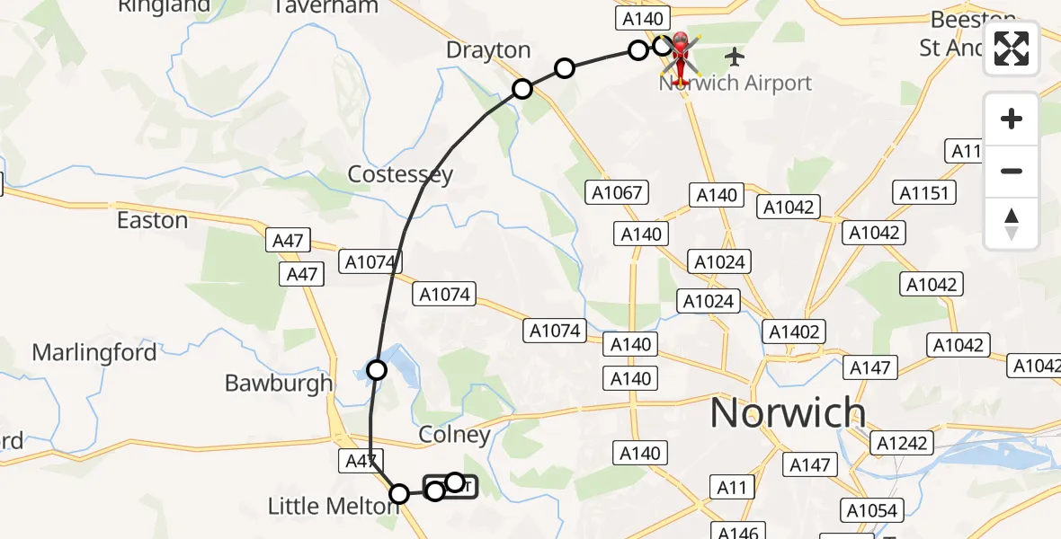 Flight route Air Ambulance Helicopter Norfolk & Norwich Hospital - Norwich Airport, 06 August 2026, 16:54