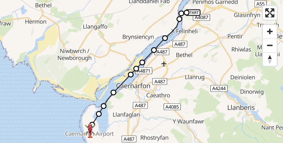 Flight route Air Ambulance Helicopter Aber Pwll - Caernarfon Airport, 06 August 2026, 16:55