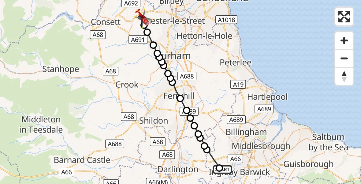 Flight route Air Ambulance Helicopter Egglescliffe - Stanley, 06 August 2026, 16:58