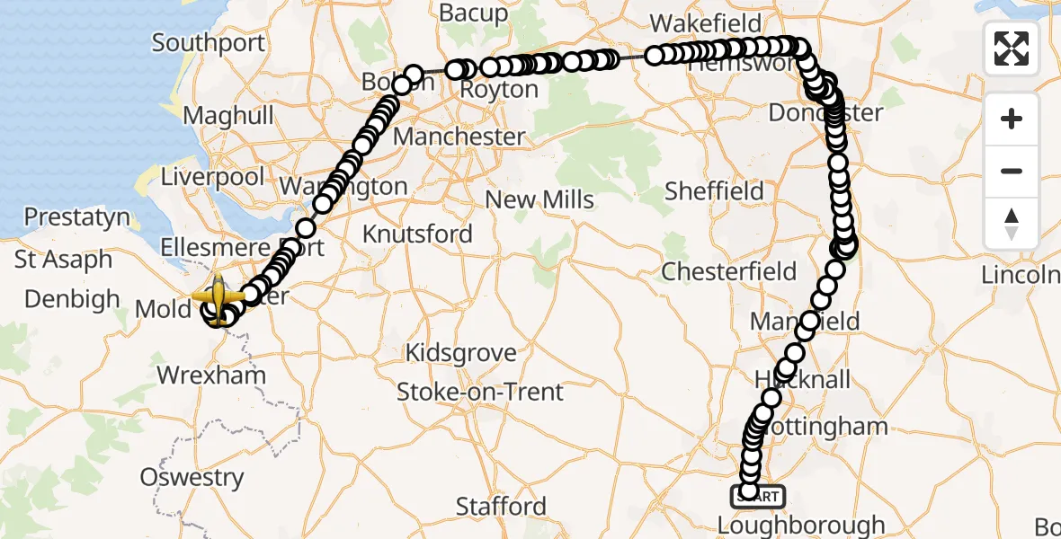 Flight route Police Aircraft East Midlands Airport - Hawarden Airport, 06 August 2026, 17:07