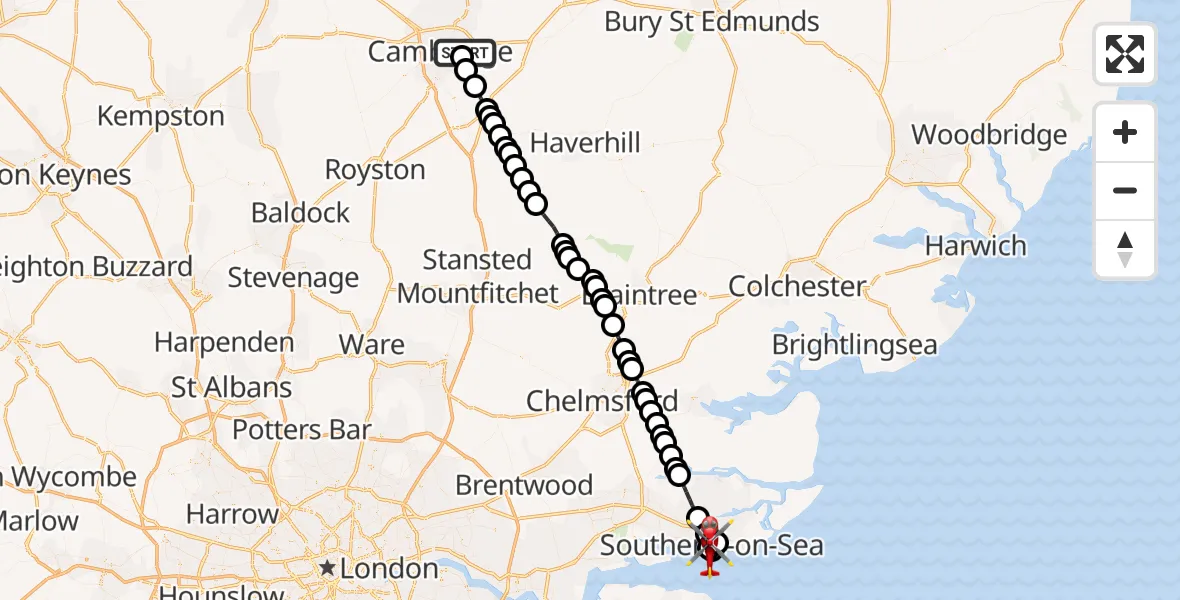 Flight route Air Ambulance Helicopter Cambridge City Airport - Southchurch, 06 August 2026, 17:07