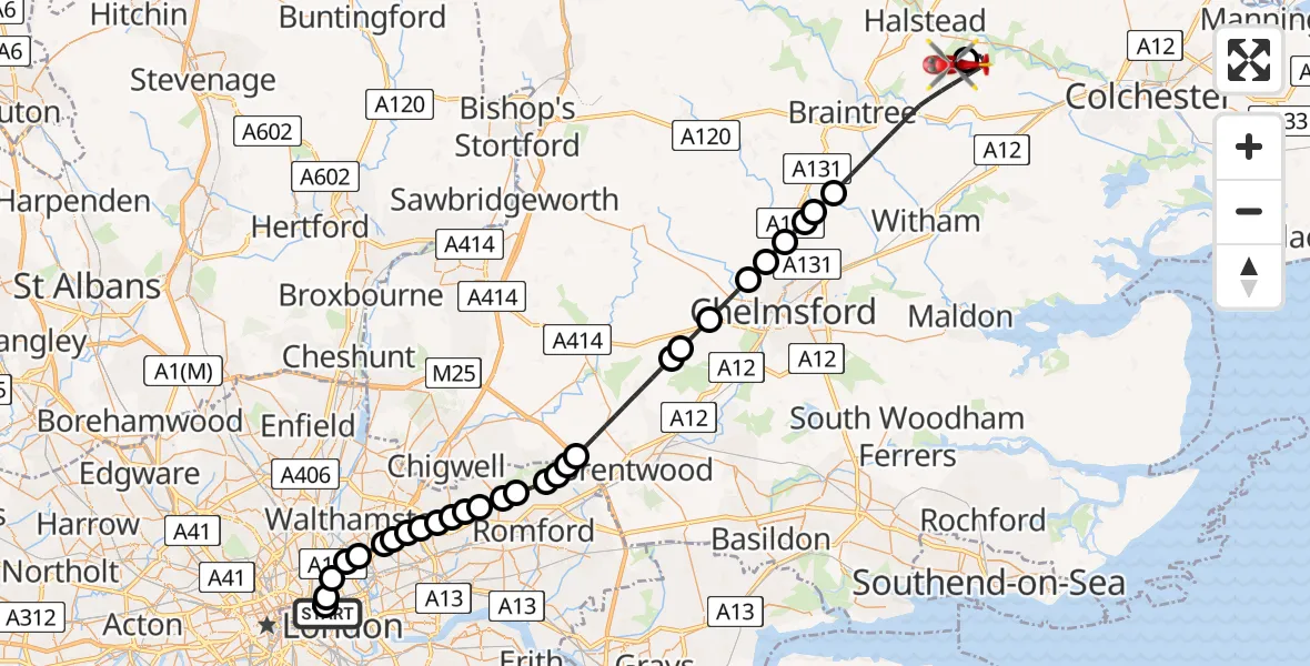 Flight route Air Ambulance Helicopter Royal London Hospital - Earls Colne Airfield, 06 August 2026, 17:09