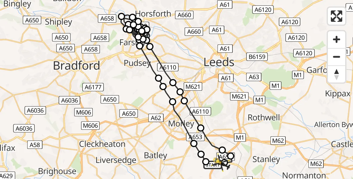 Flight route Police Helicopter East Ardsley - East Ardsley, 06 August 2026, 17:14