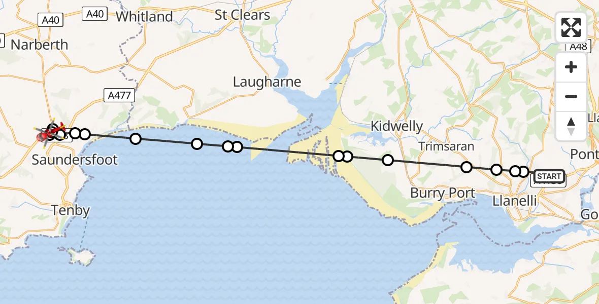 Flight route Air Ambulance Helicopter Dafen - Begelly, 06 August 2026, 17:16