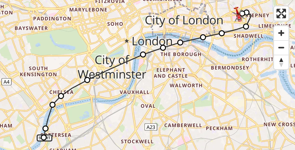 Flight route Air Ambulance Helicopter London Heliport - Royal London Hospital, 06 August 2026, 17:19