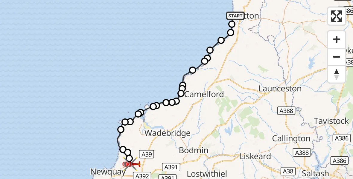 Flight route Air Ambulance Helicopter Bude - Cornwall Airport Newquay, 06 August 2026, 17:21