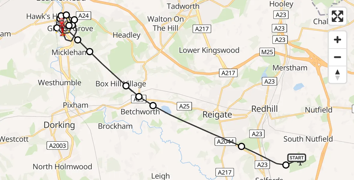 Flight route Air Ambulance Helicopter Redhill Aerodrome - Givons Grove, 06 August 2026, 17:22