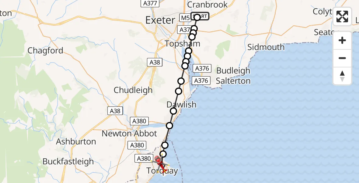 Flight route Air Ambulance Helicopter Exeter International Airport - Torquay, 06 August 2026, 17:36