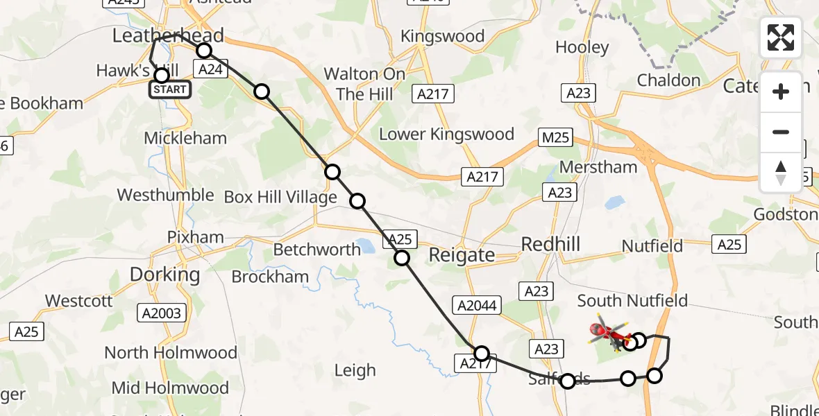 Flight route Air Ambulance Helicopter Givons Grove - Redhill Aerodrome, 06 August 2026, 17:43