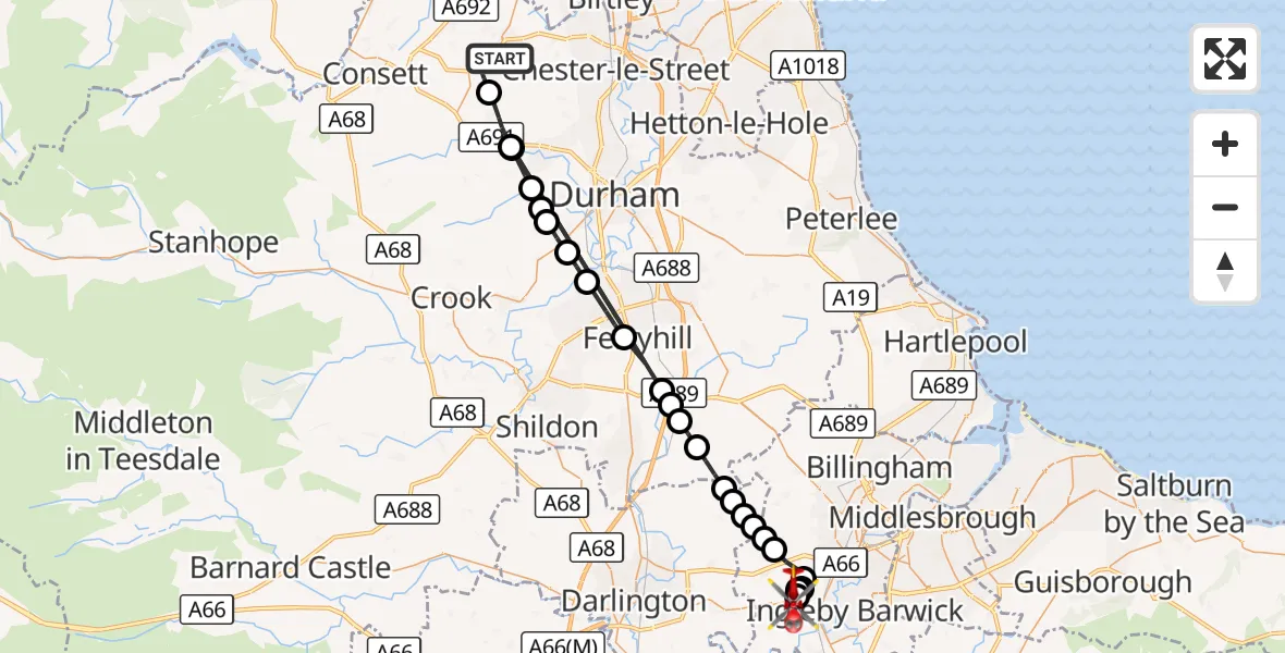 Flight route Air Ambulance Helicopter Stanley - Egglescliffe, 06 August 2026, 17:45