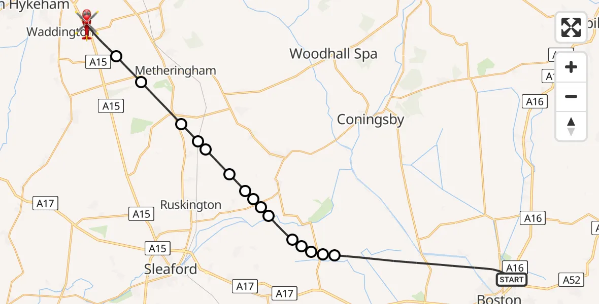 Flight route Air Ambulance Helicopter Boston - North Kesteven, 06 August 2026, 17:45