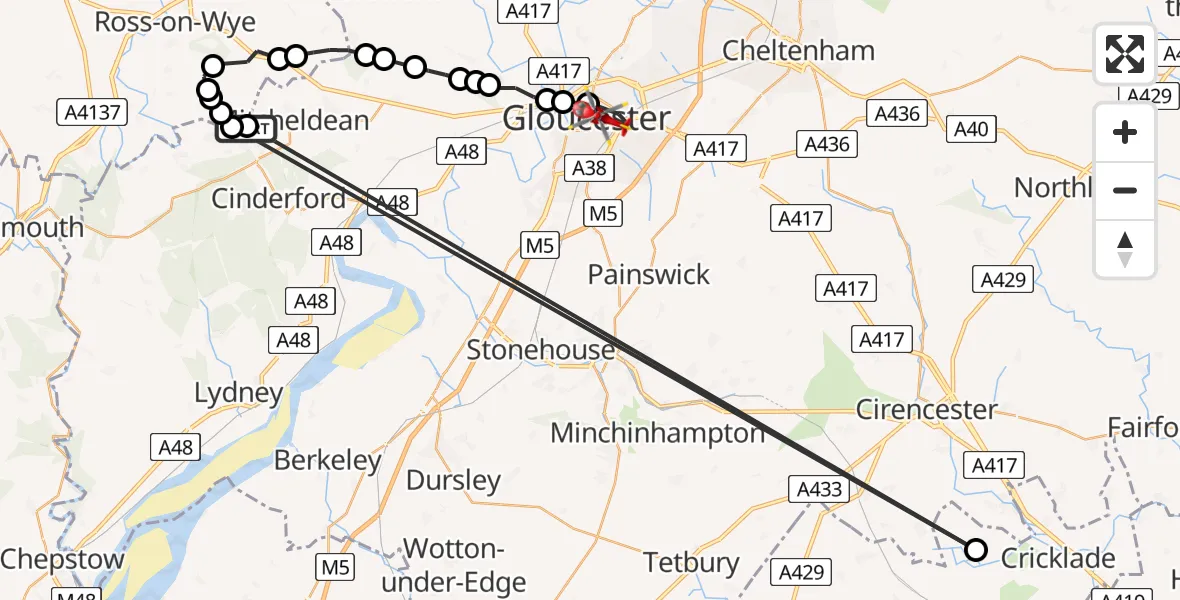 Flight route Air Ambulance Helicopter Puddlebrook - Gloucester, 06 August 2026, 17:48