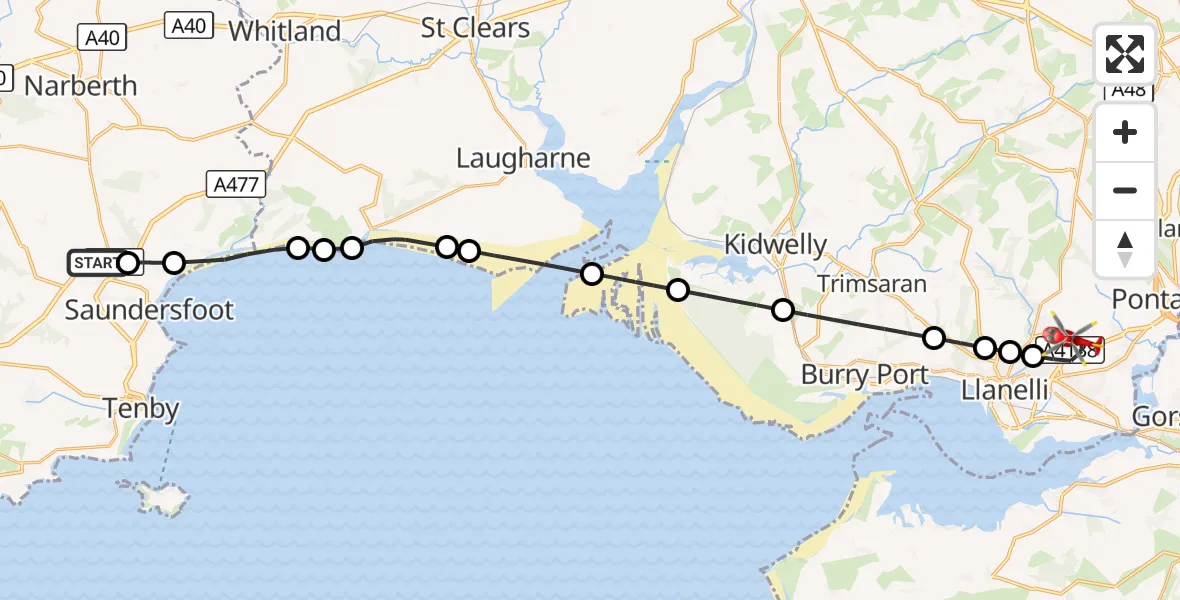 Flight route Air Ambulance Helicopter Begelly - Dafen, 06 August 2026, 18:12