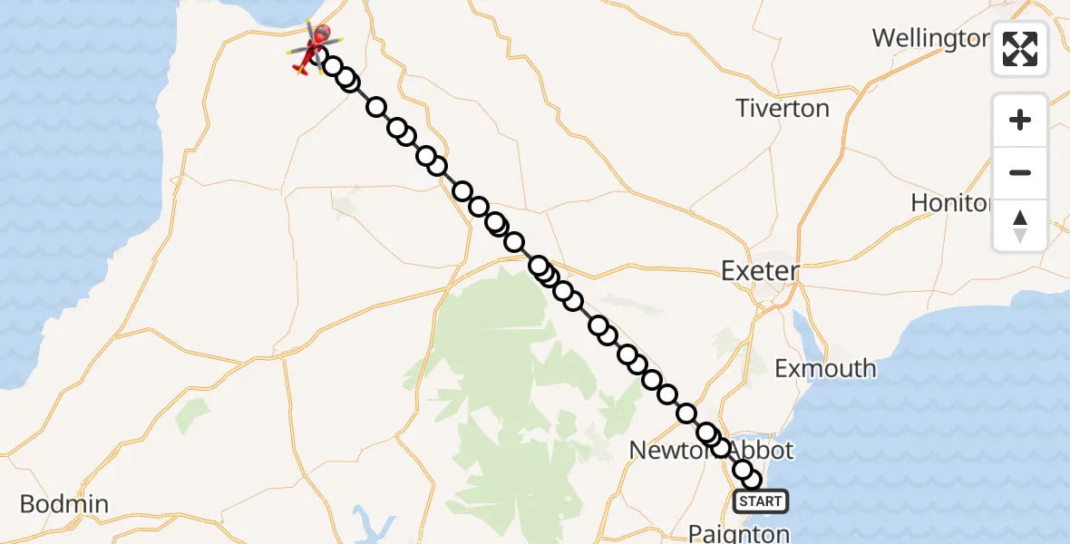 Flight route Air Ambulance Helicopter Torquay - Parkham, 06 August 2026, 18:13