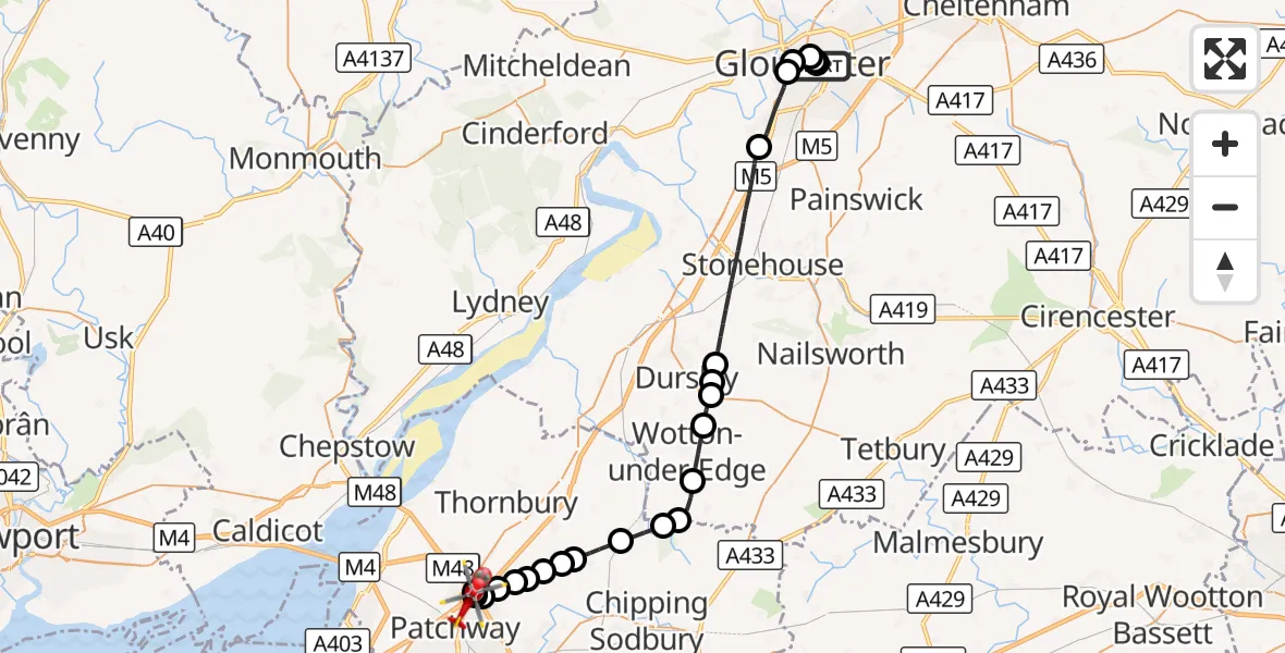 Flight route Air Ambulance Helicopter Gloucester Royal Hospital - Almondsbury Helicopter Base, 06 August 2026, 18:15