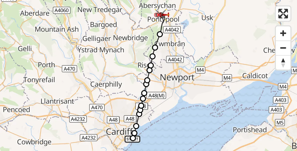Flight route Air Ambulance Helicopter Cardiff Heliport - Pontypool, 06 August 2026, 18:30