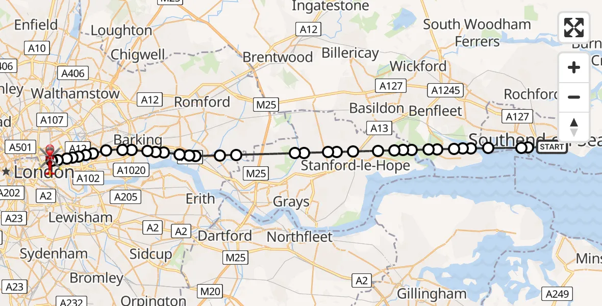 Flight route Air Ambulance Helicopter Southchurch - Royal London Hospital, 06 August 2026, 18:41