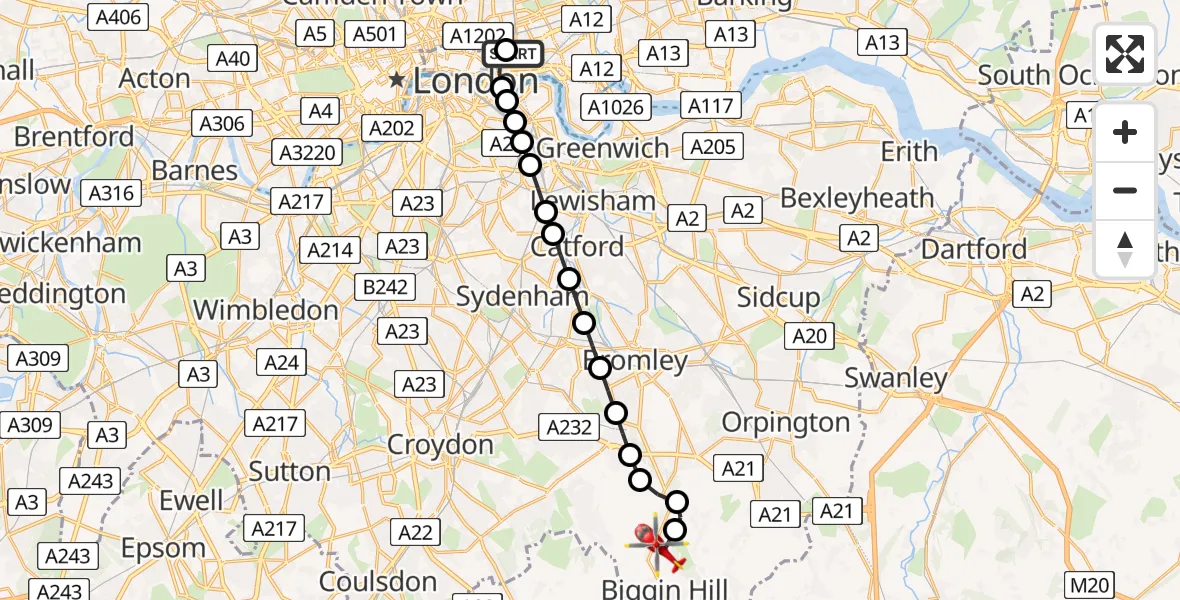 Flight route Air Ambulance Helicopter Royal London Hospital - London Biggin Hill Airport, 06 August 2026, 18:52