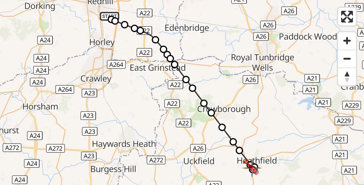 Flight route Air Ambulance Helicopter Redhill Aerodrome - Little London, 06 August 2026, 19:09