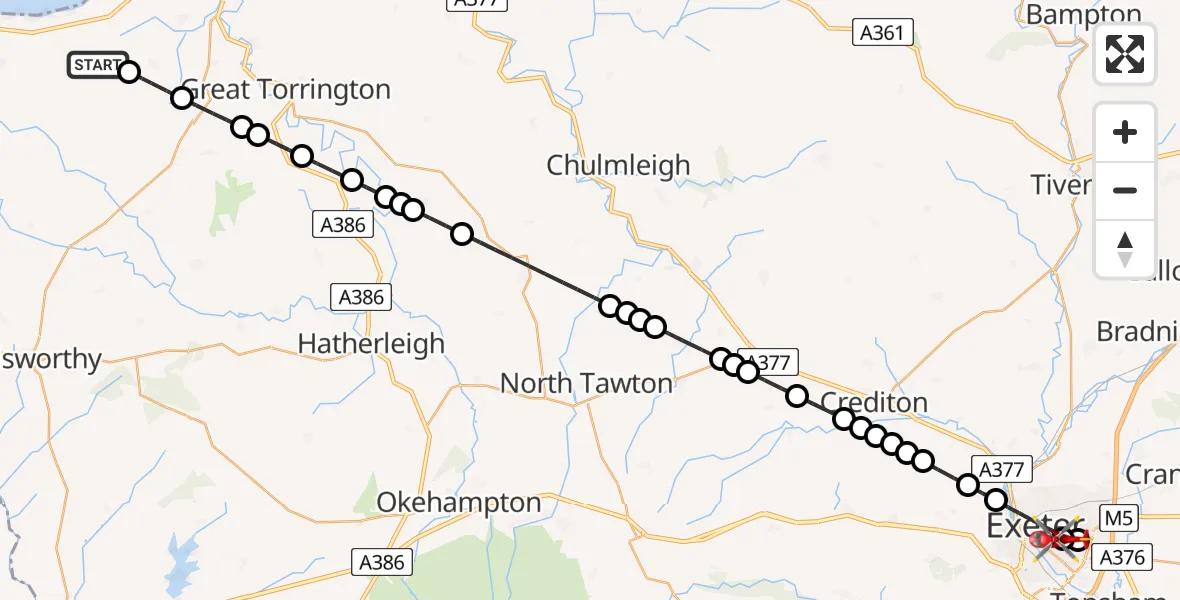 Flight route Air Ambulance Helicopter Parkham - Royal Devon & Exeter Hospital, 06 August 2026, 19:10
