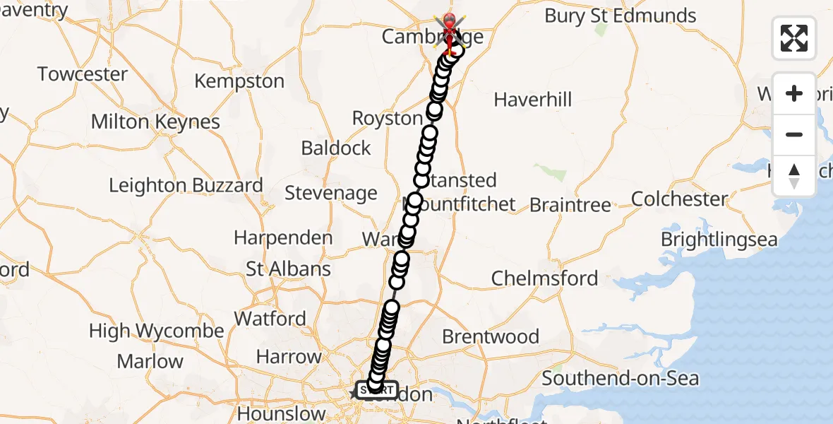 Flight route Air Ambulance Helicopter Royal London Hospital - Cambridge City Airport, 06 August 2026, 19:33