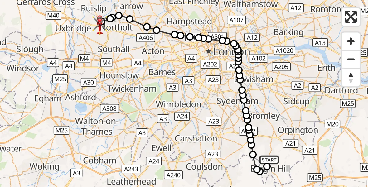 Flight route Air Ambulance Helicopter London Biggin Hill Airport - RAF Northolt, 06 August 2026, 19:38