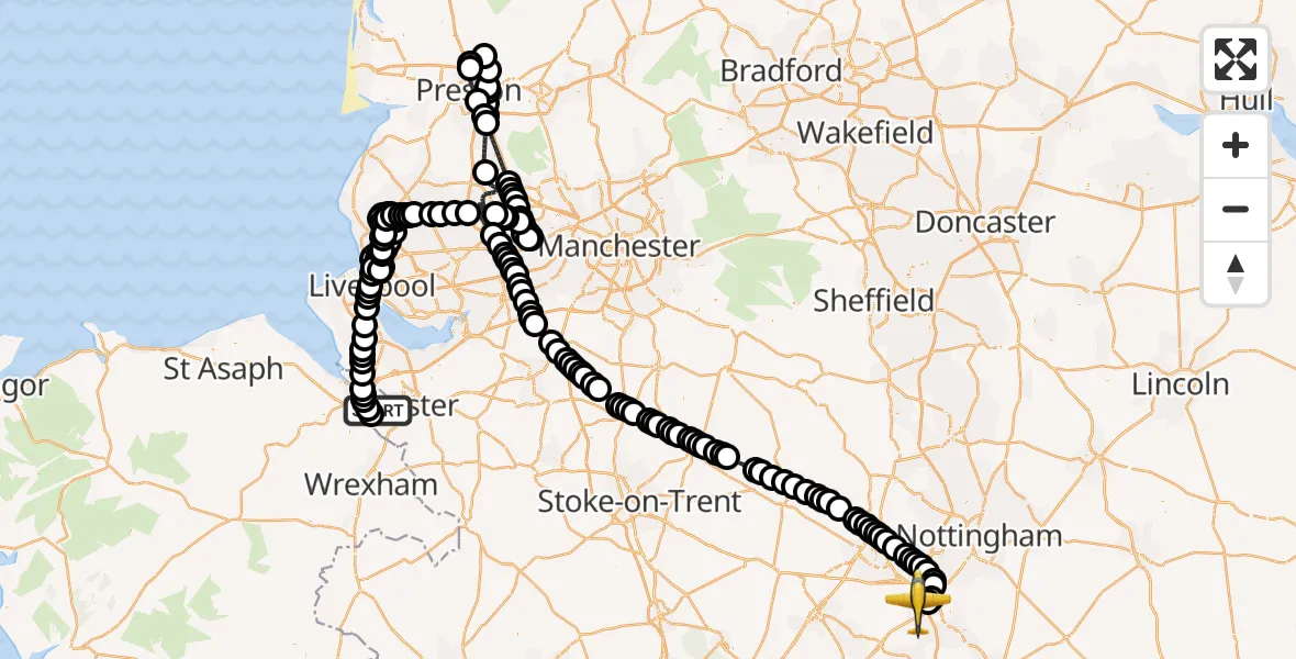 Flight route Police Aircraft Hawarden Airport - East Midlands Airport, 06 August 2026, 19:54