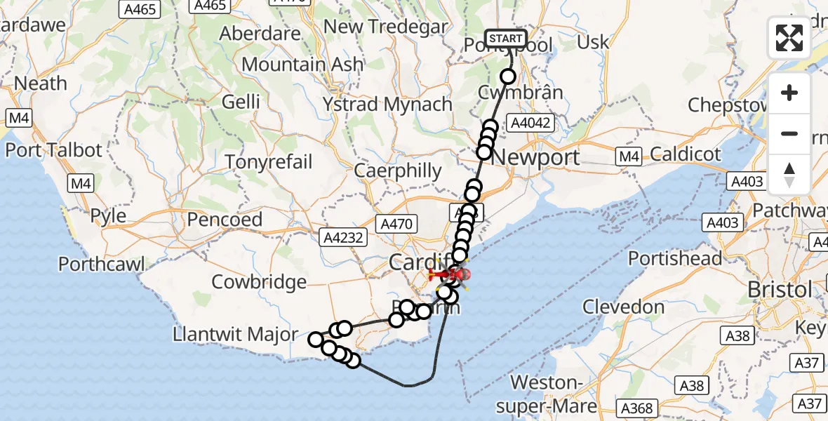 Flight route Air Ambulance Helicopter Pontypool - Cardiff Heliport, 06 August 2026, 20:00