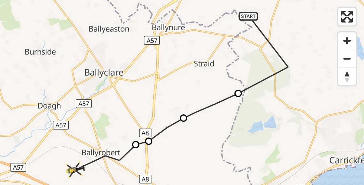 Flight route Police Helicopter Mid and East Antrim District - Ballyrobert, 06 August 2026, 20:03