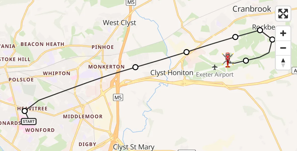 Flight route Air Ambulance Helicopter Royal Devon & Exeter Hospital - Exeter International Airport, 06 August 2026, 20:10