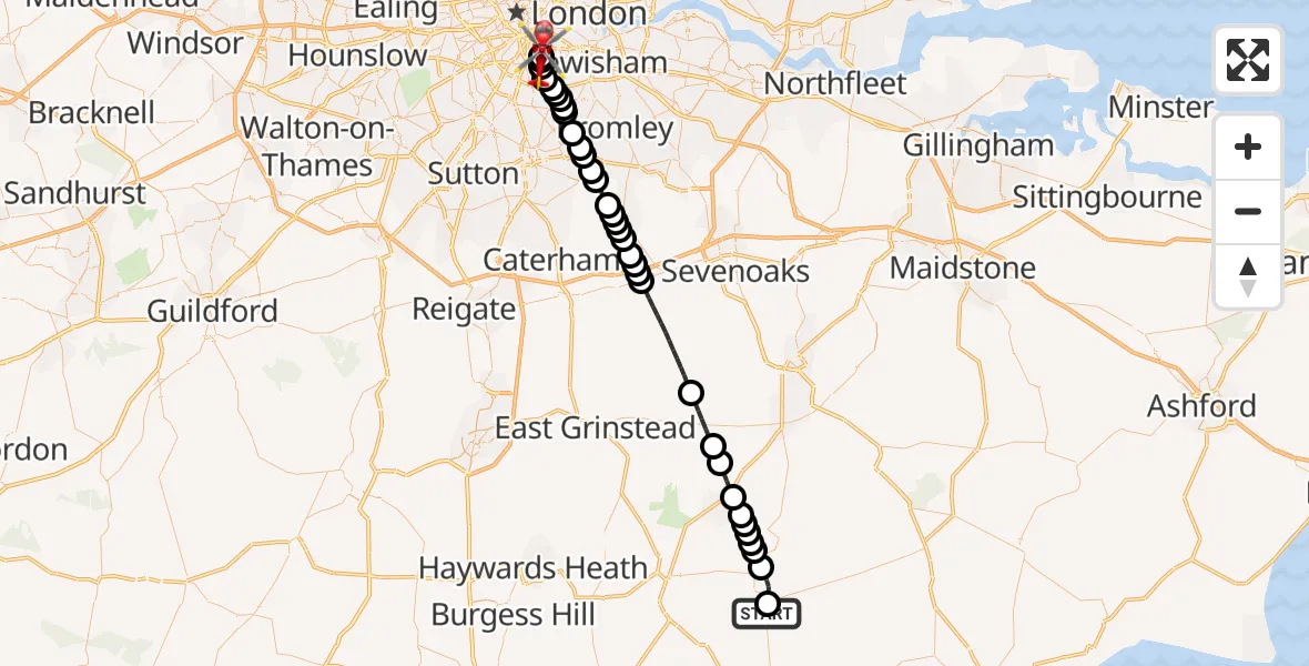 Flight route Air Ambulance Helicopter Little London - Kings College London Hospital, 06 August 2026, 20:22