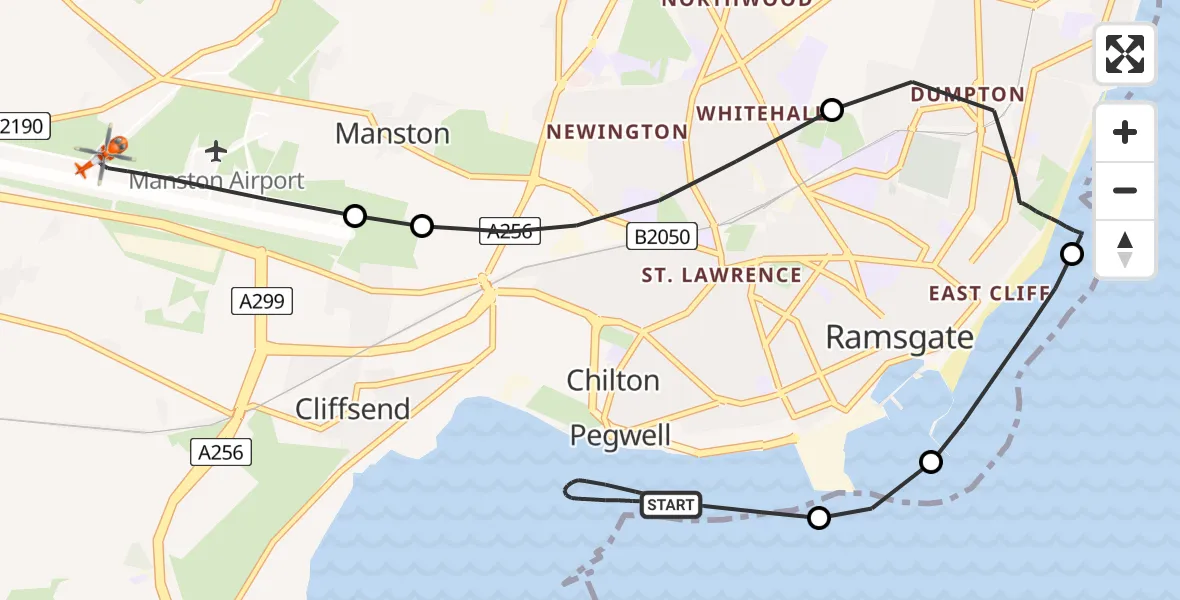 Flight route Coastguard Helicopter Ramsgate - Manston Airport, 06 August 2026, 20:23