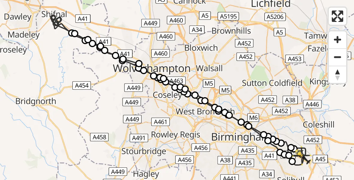 Flight route Police Helicopter Birmingham Airport - Birmingham Airport, 06 August 2026, 20:35