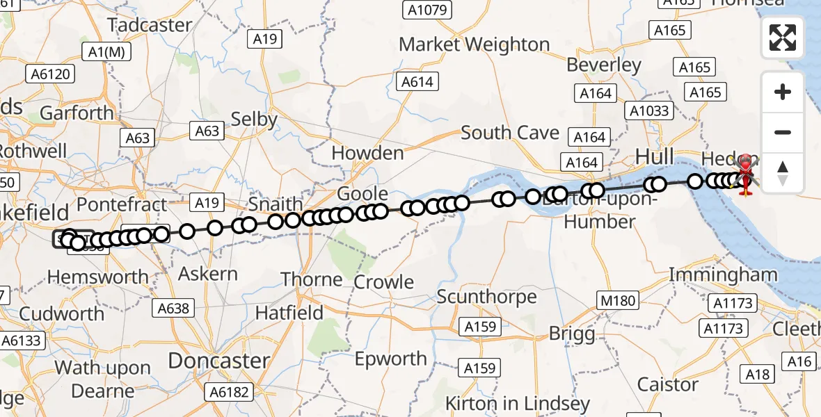 Flight route Air Ambulance Helicopter YAA Nostell Helicopter Port - Thorngumbald, 06 August 2026, 20:38
