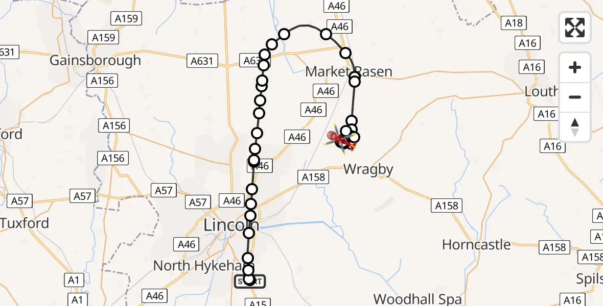 Flight route Air Ambulance Helicopter RAF Waddington - Wickenby Aerodrome, 06 August 2026, 20:41