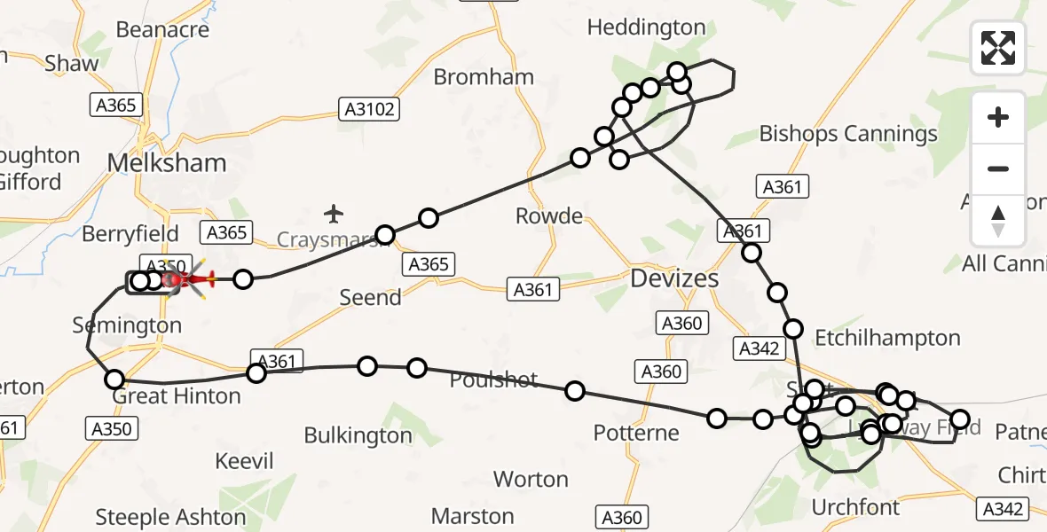 Flight route Air Ambulance Helicopter Wiltshire Air Ambulance - Melksham, 06 August 2026, 20:43